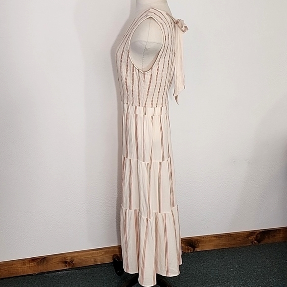 Wonderly Dress Cotton Striped Midi Smocked Bodice & Back Tie Neck Cream Size XL - Picture 7 of 14